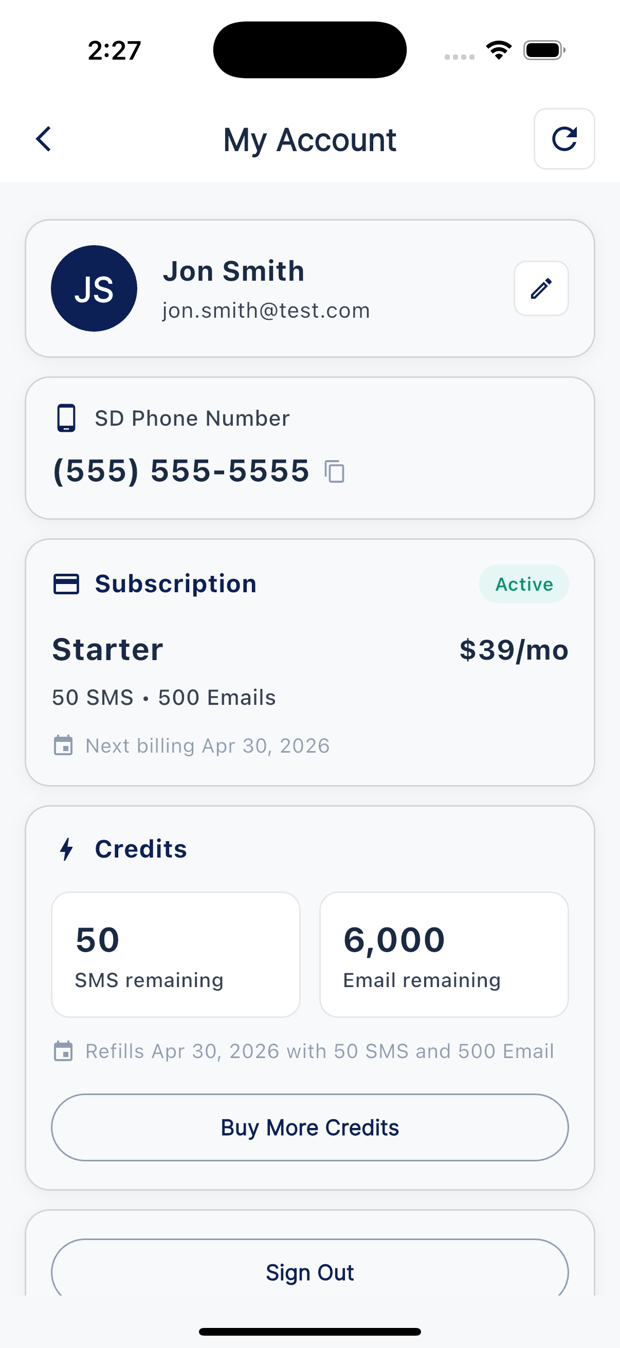 My Account screen