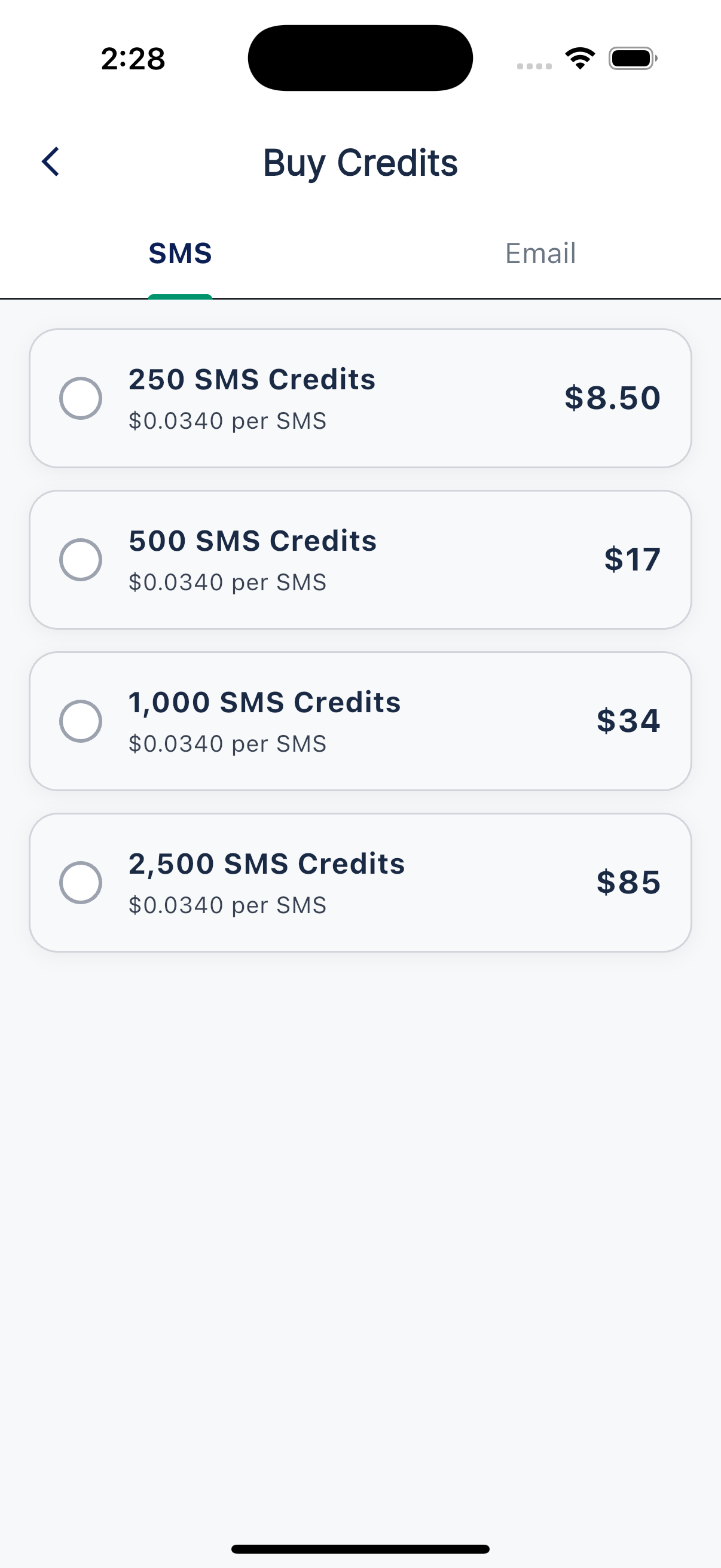 Buy Credits screen with pack tiers