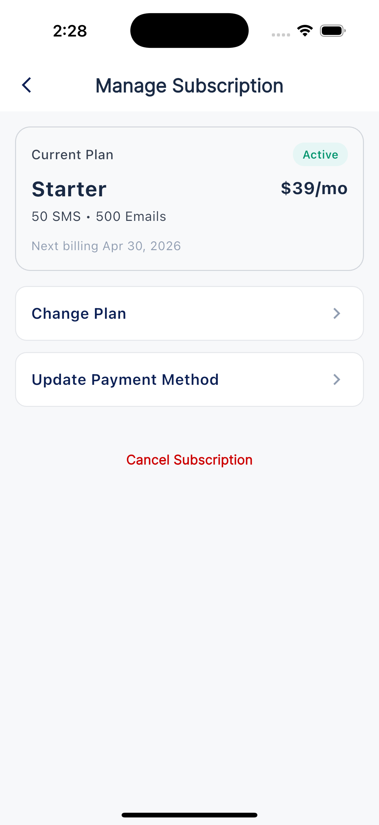 Manage Subscription screen showing current plan and billing date