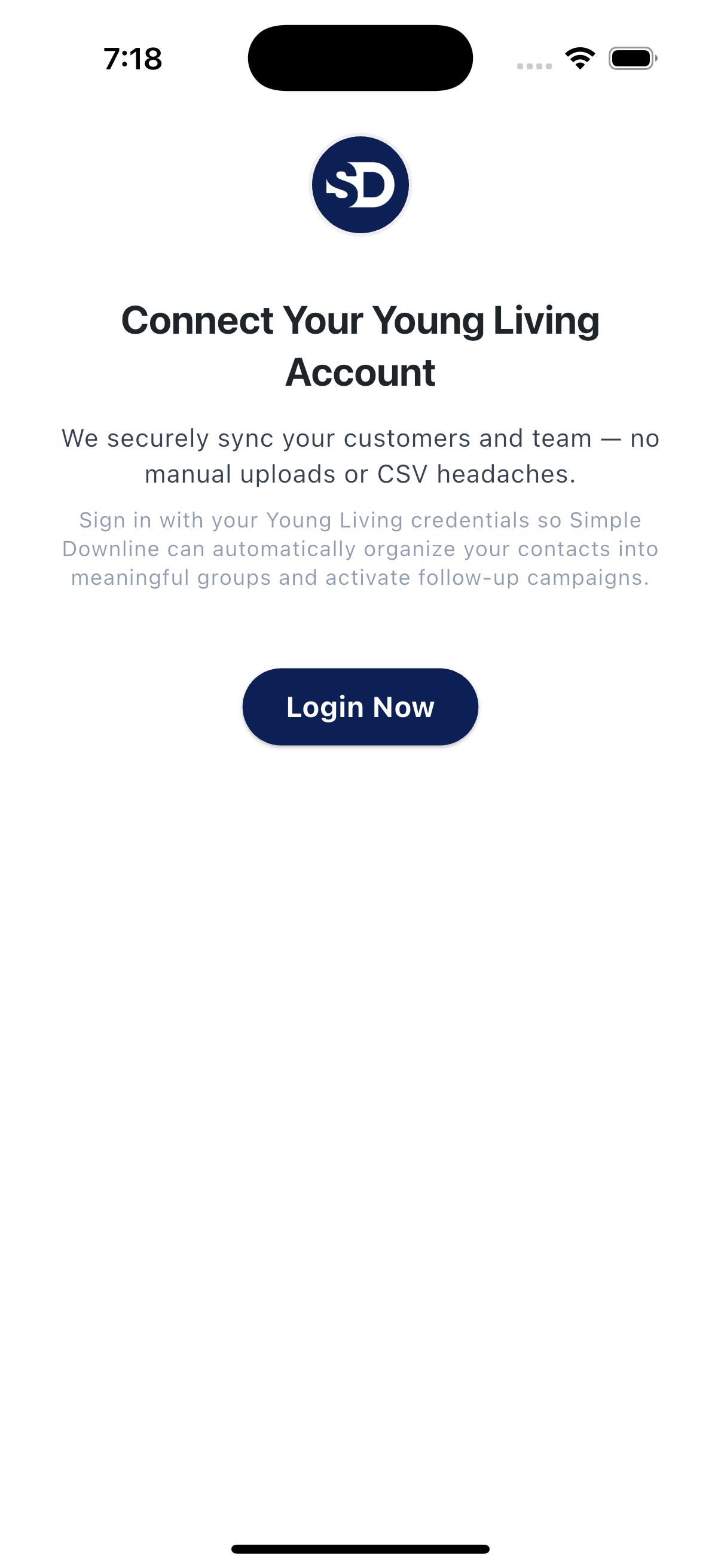 Connect Your Young Living Account screen with the Login Now button