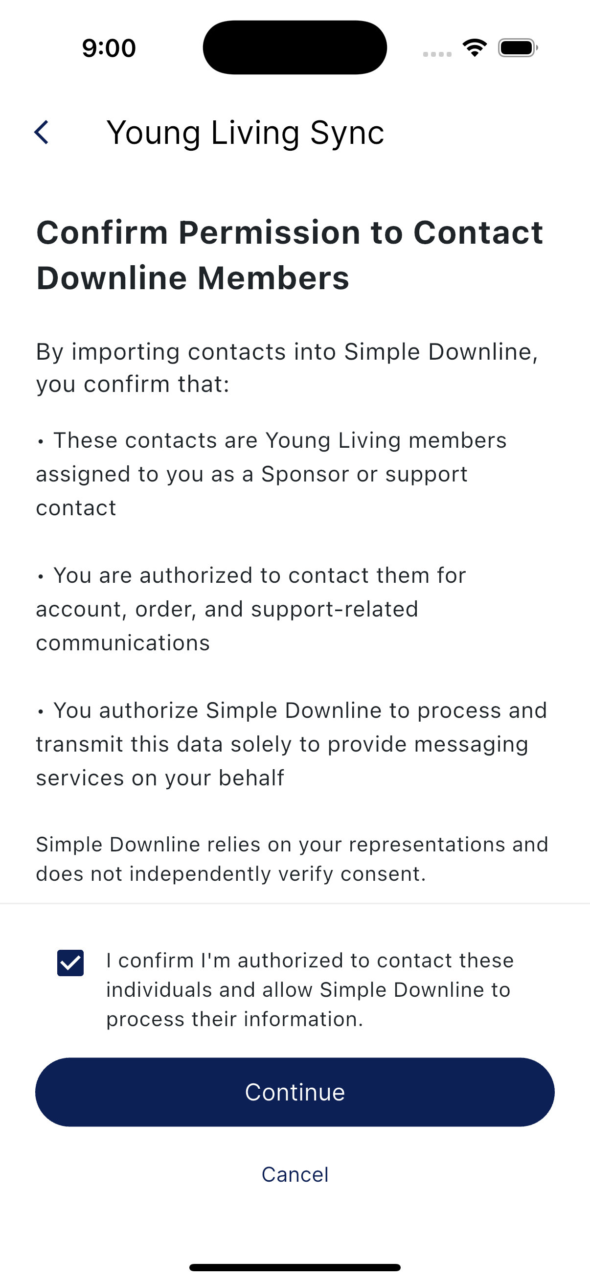 Same consent screen with the checkbox checked and the Continue button active