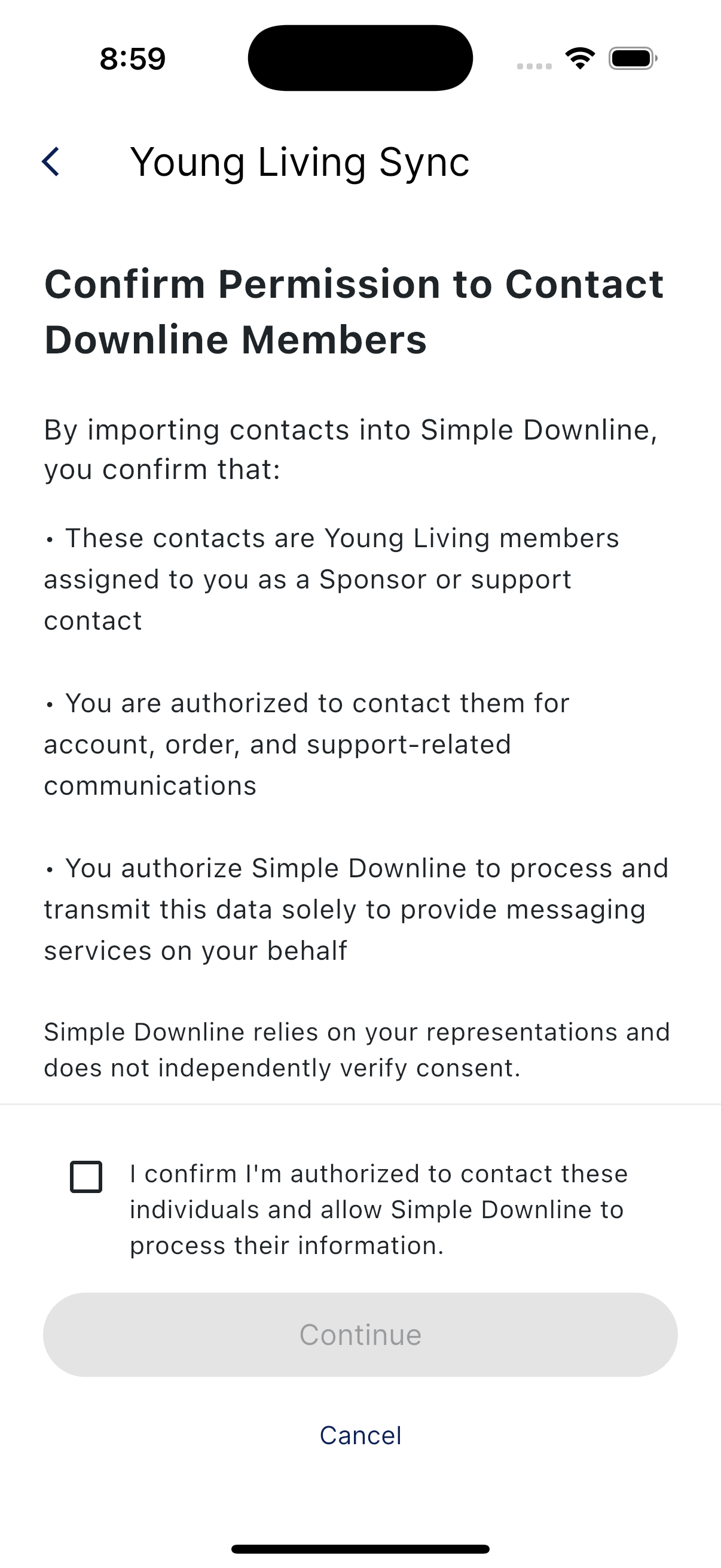 Confirm Permission to Contact Downline Members screen with the checkbox unchecked
