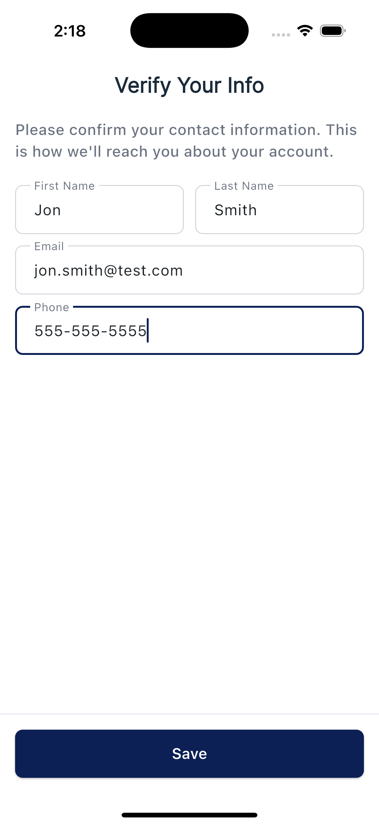Verify Your Info screen showing your name, email, and phone fields