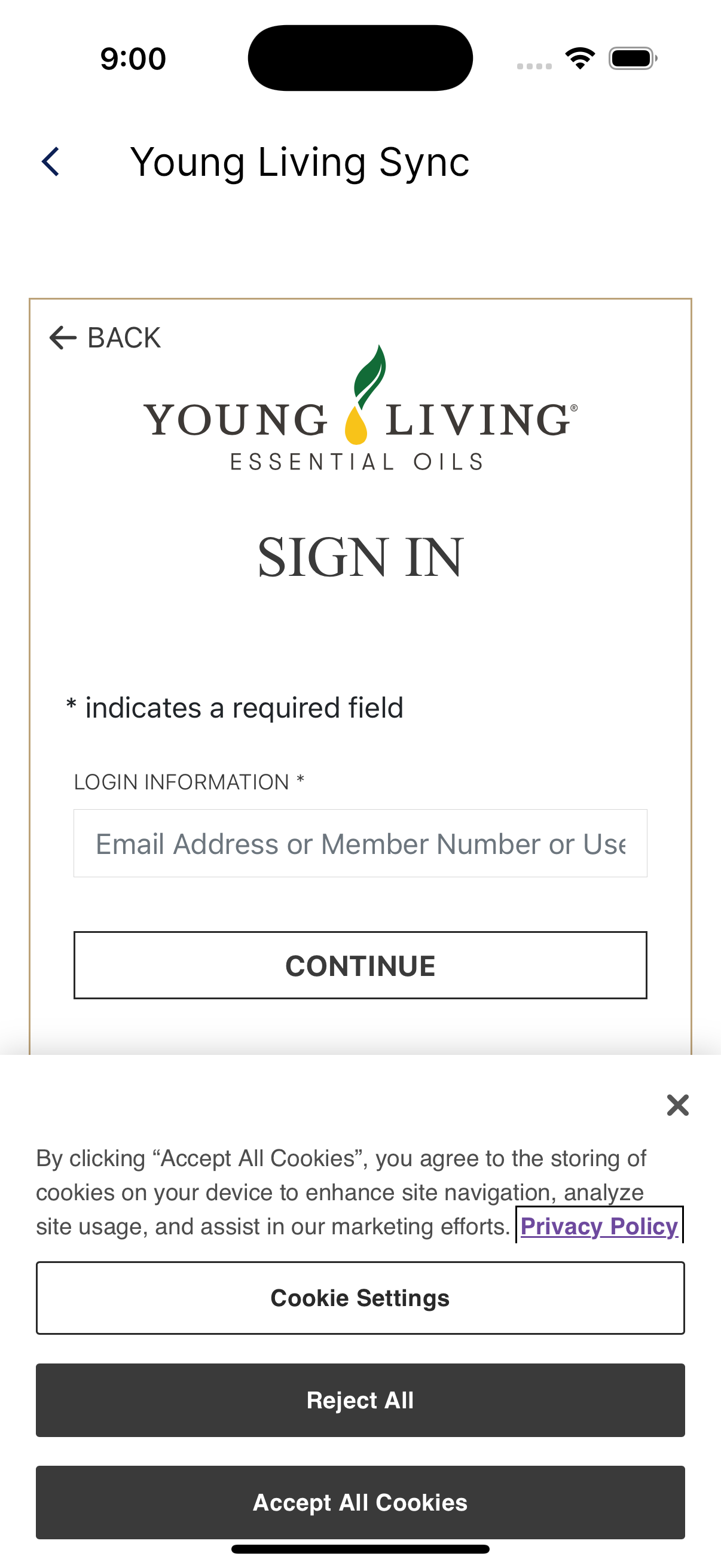 Young Living login form embedded inside the Simple Downline app