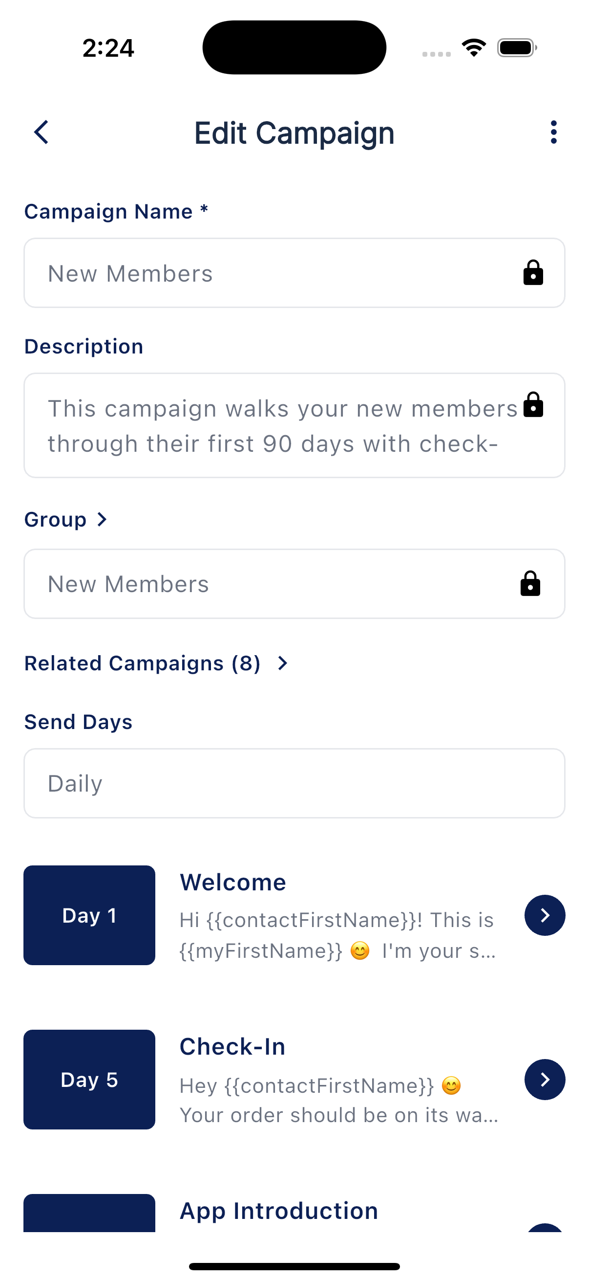Campaign edit screen showing the message cards