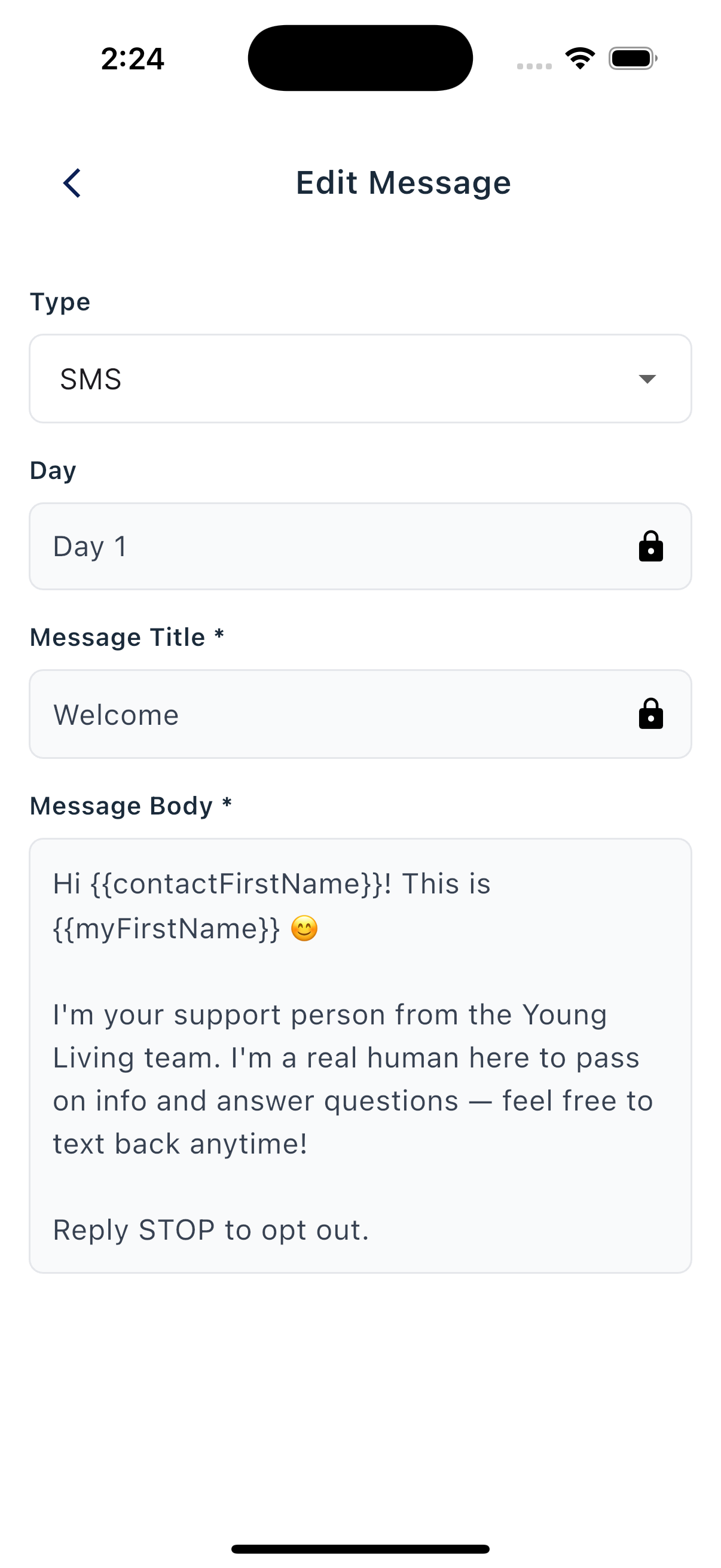 Campaign message editor showing the message body with personalization tokens like {{contactFirstName}}