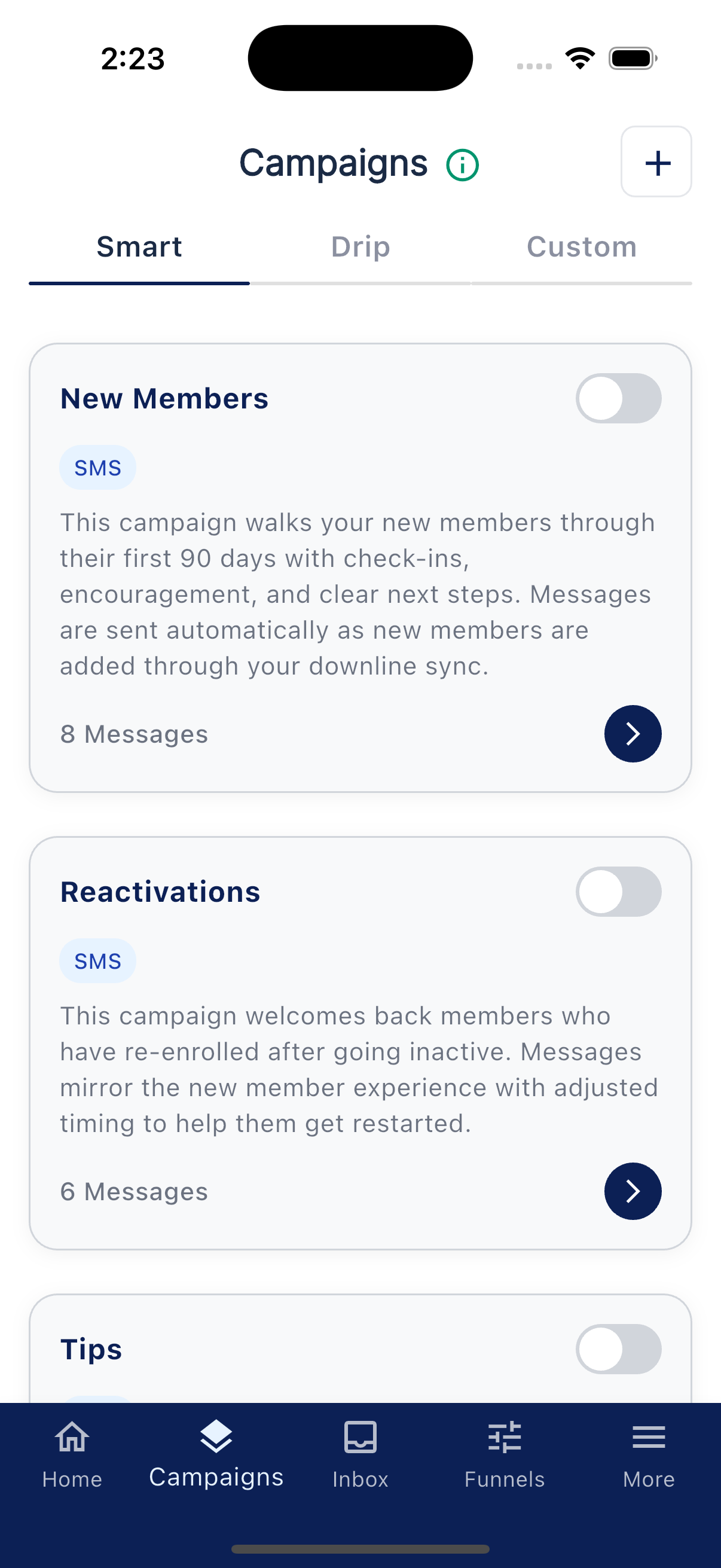 Campaigns list with Smart, Drip, and Custom tabs across the top