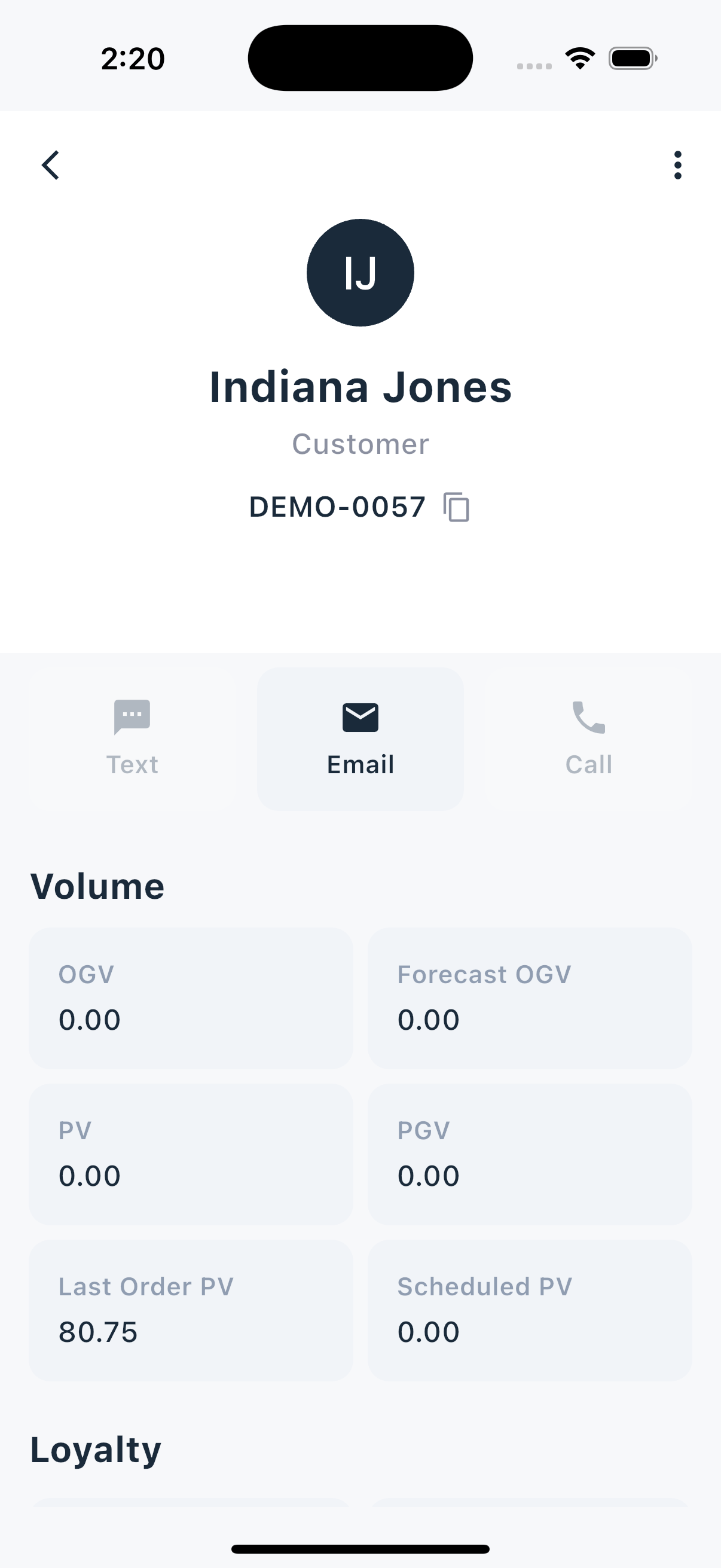 Contact detail view with Text, Email, and Call buttons