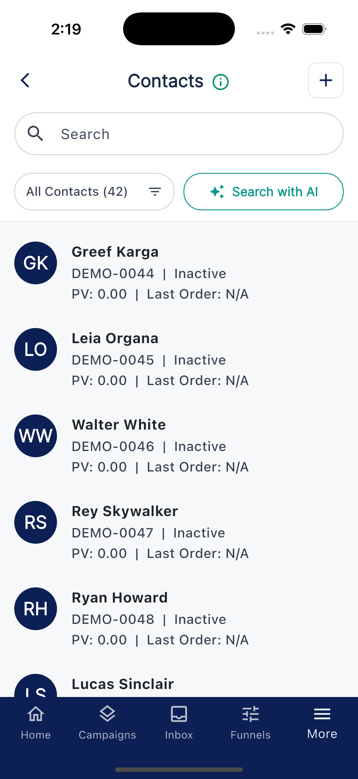 Contacts list with synced contacts visible