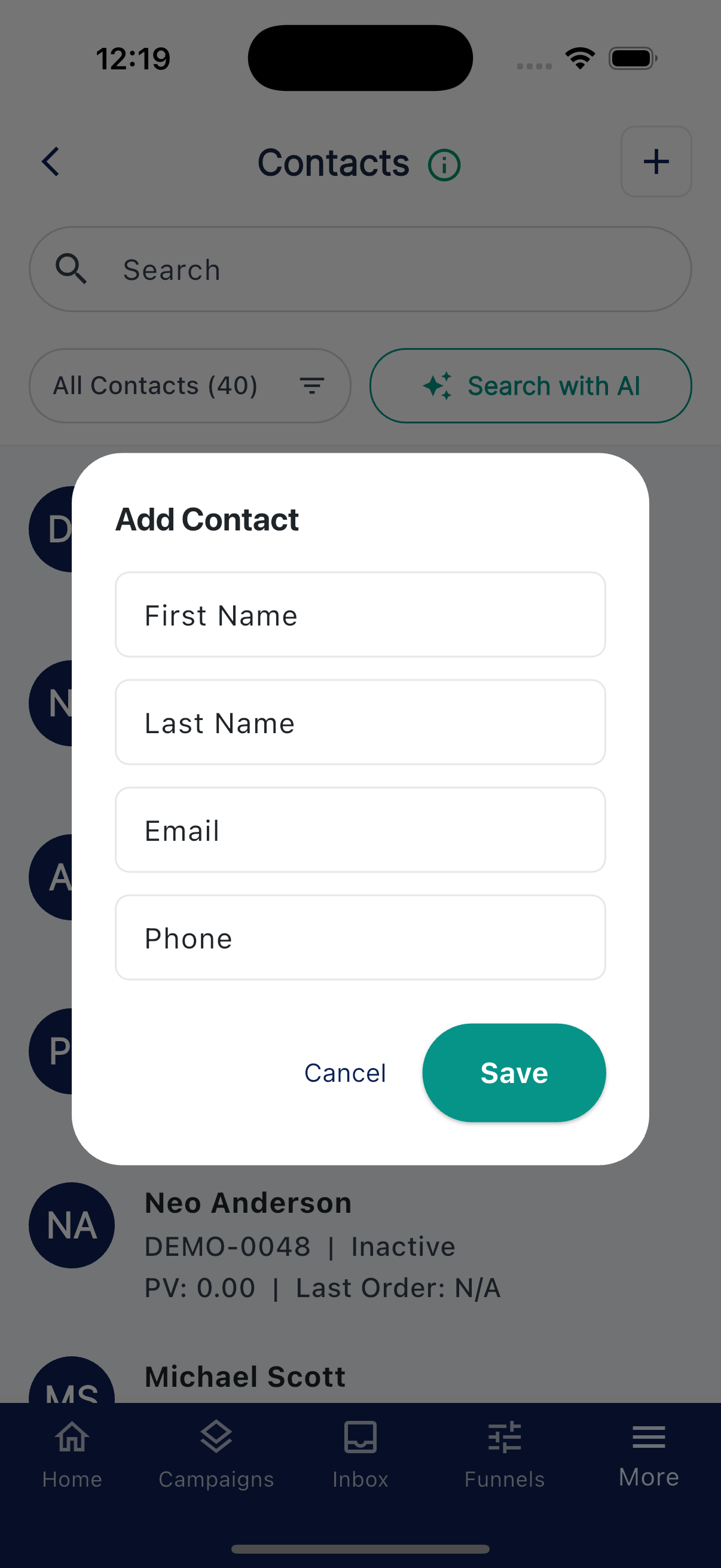 Add Contact dialog with name, email, and phone fields