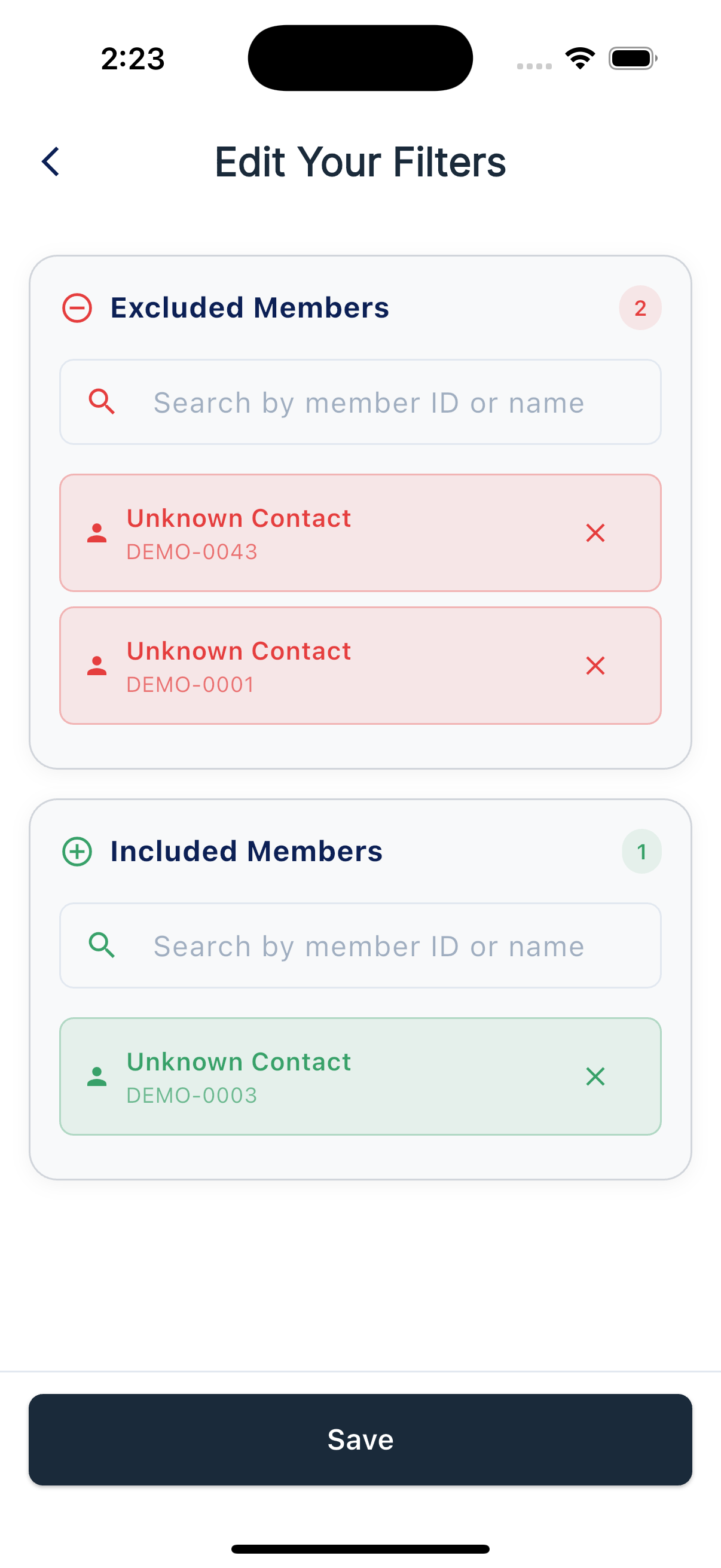 Edit Your Filters screen with Excluded Members and Included Members lists