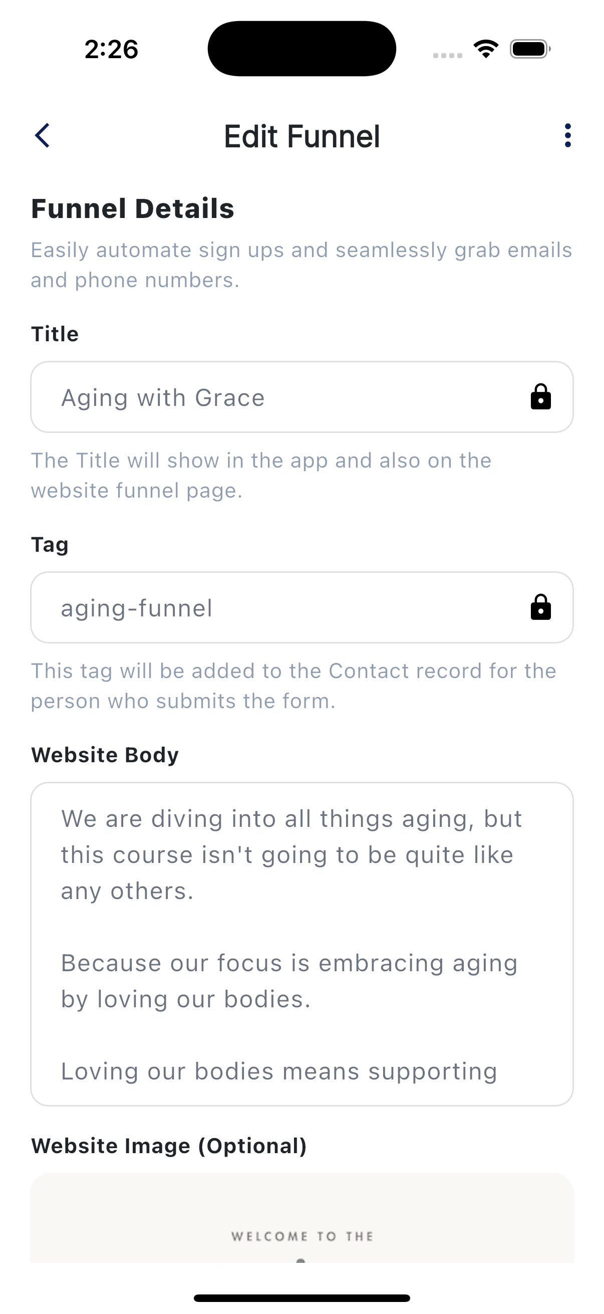 Edit Funnel form showing Funnel Details with Title, Tag, and Website Body fields