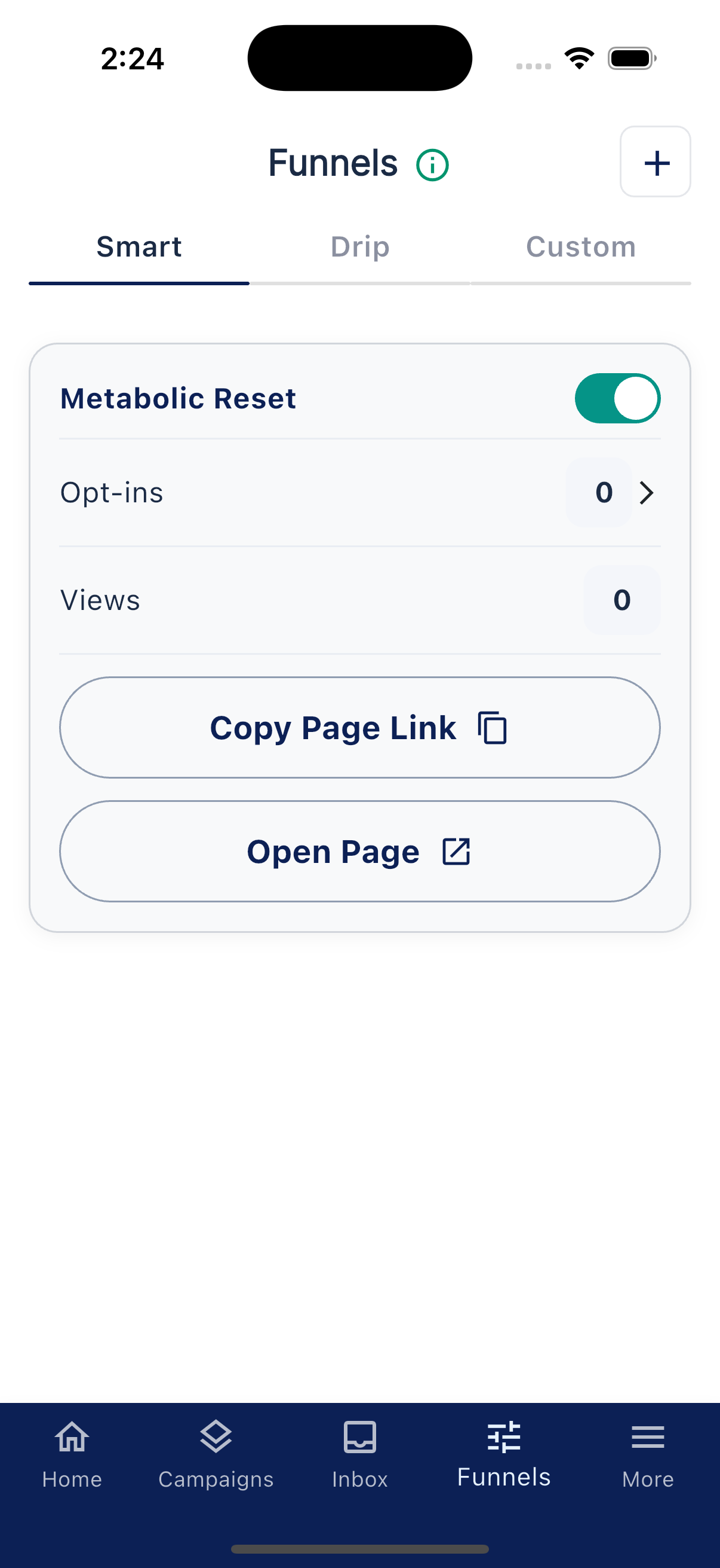Funnels tab with available funnel cards