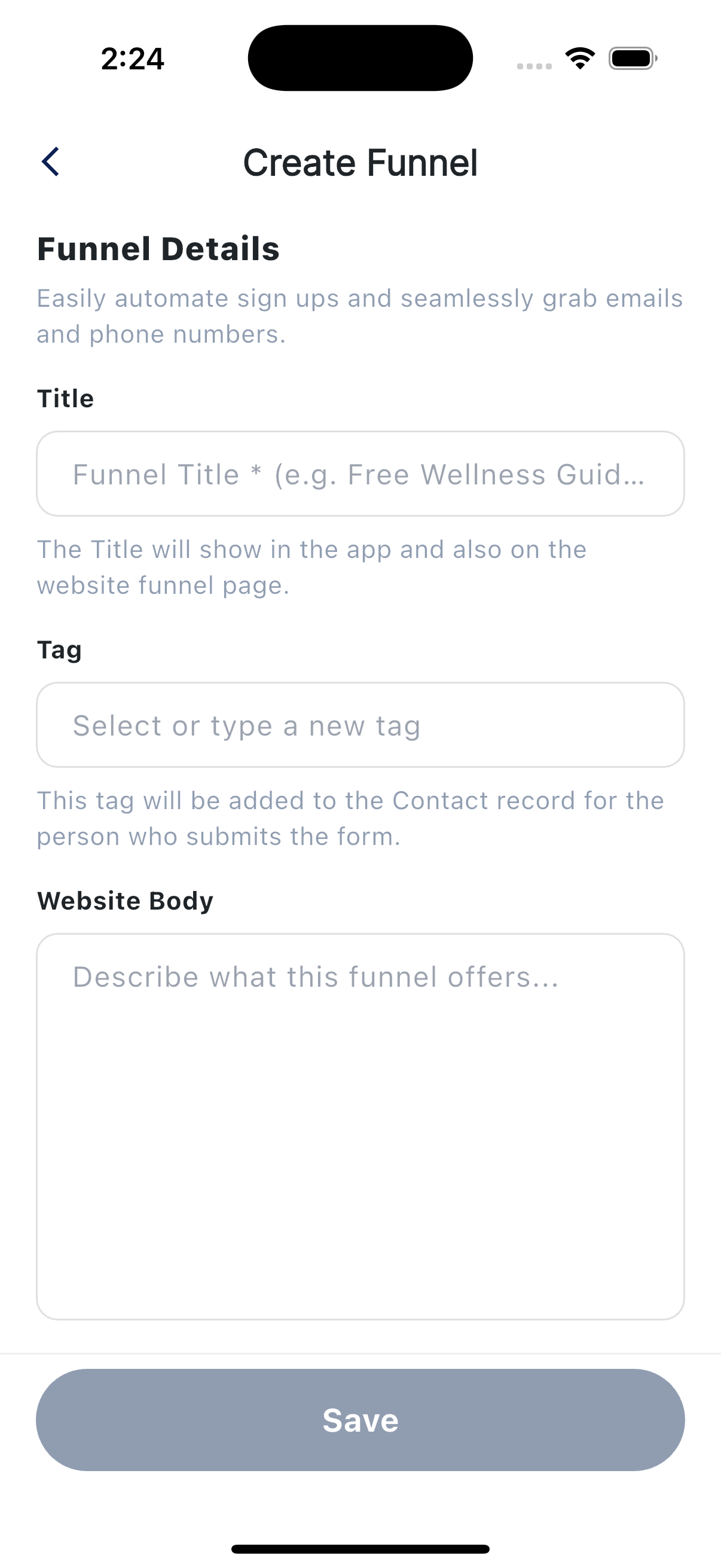 Create Funnel form with Title, Tag, Website Body, and Save