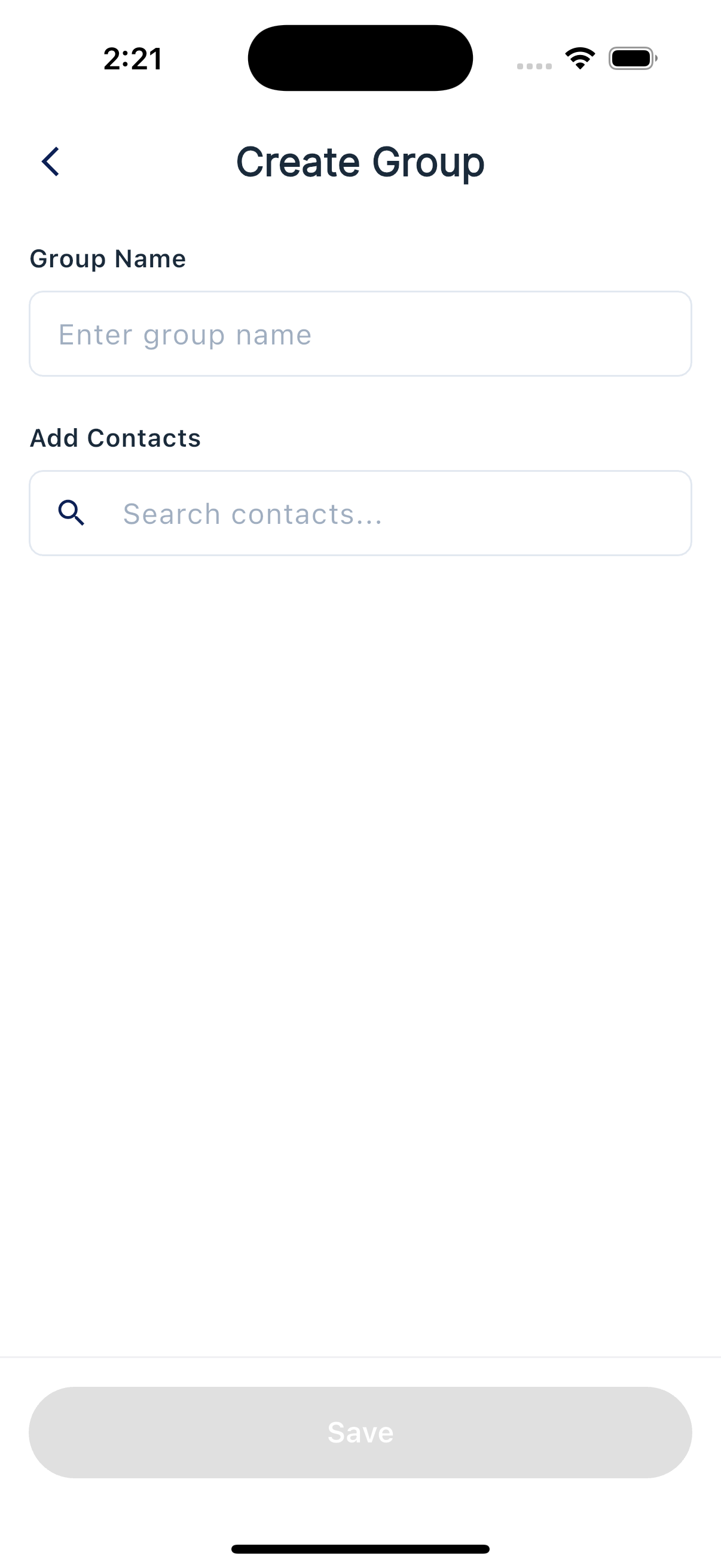 Create Group screen with a Group Name field and contact search