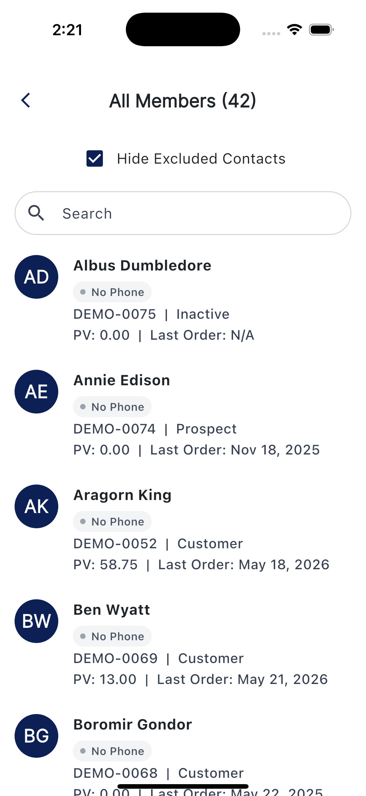Group detail showing the group name, count, search bar, and member list