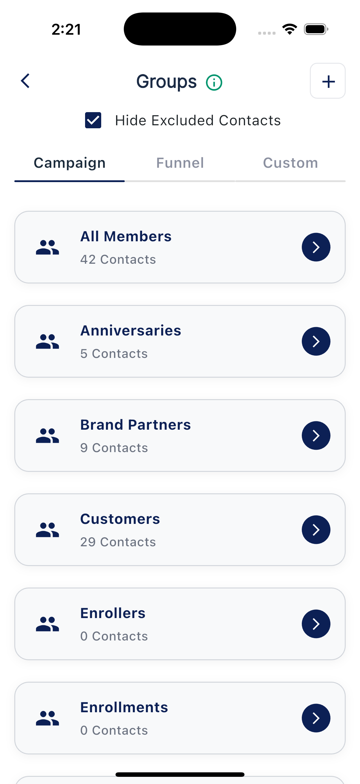 Groups screen with Campaign, Funnel, and Custom tabs