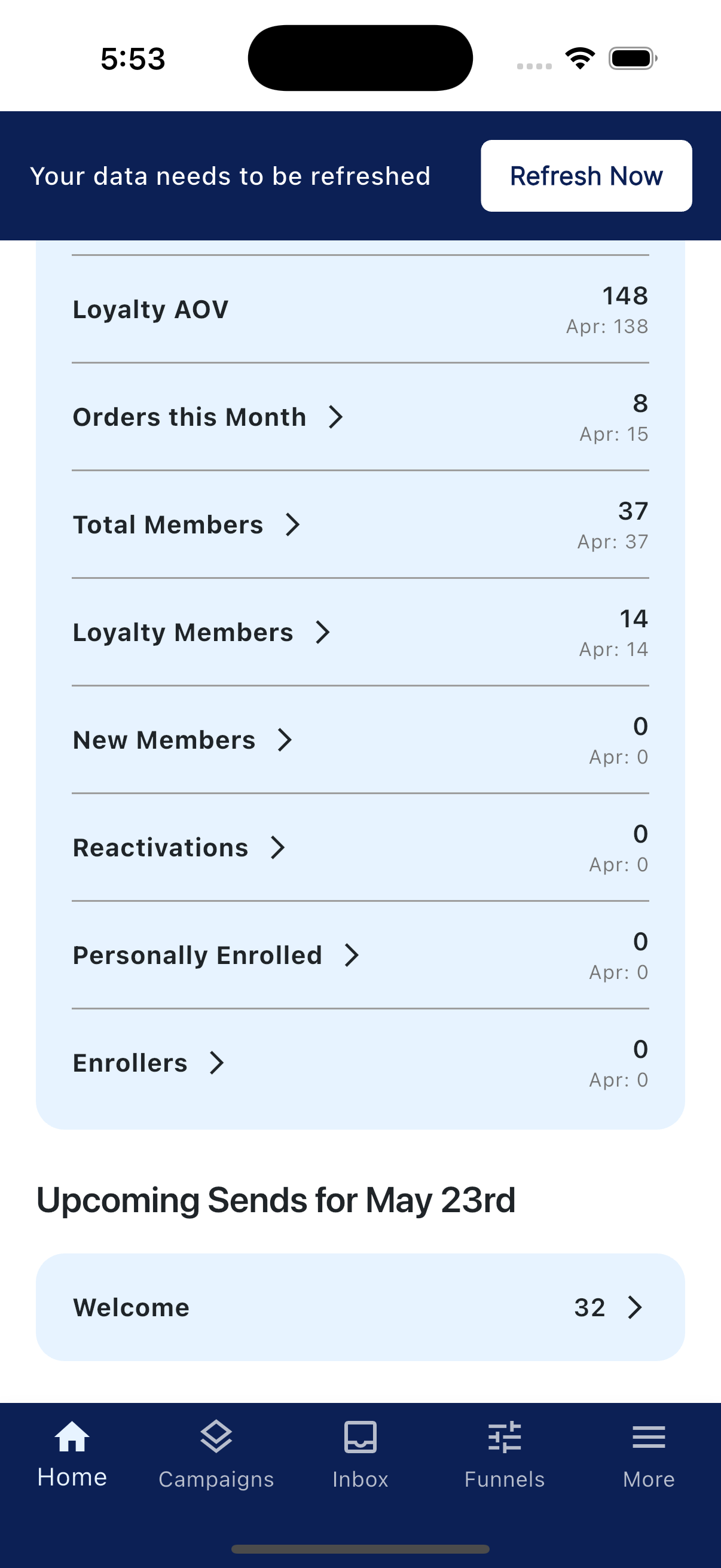 Upcoming Sends section on the home screen