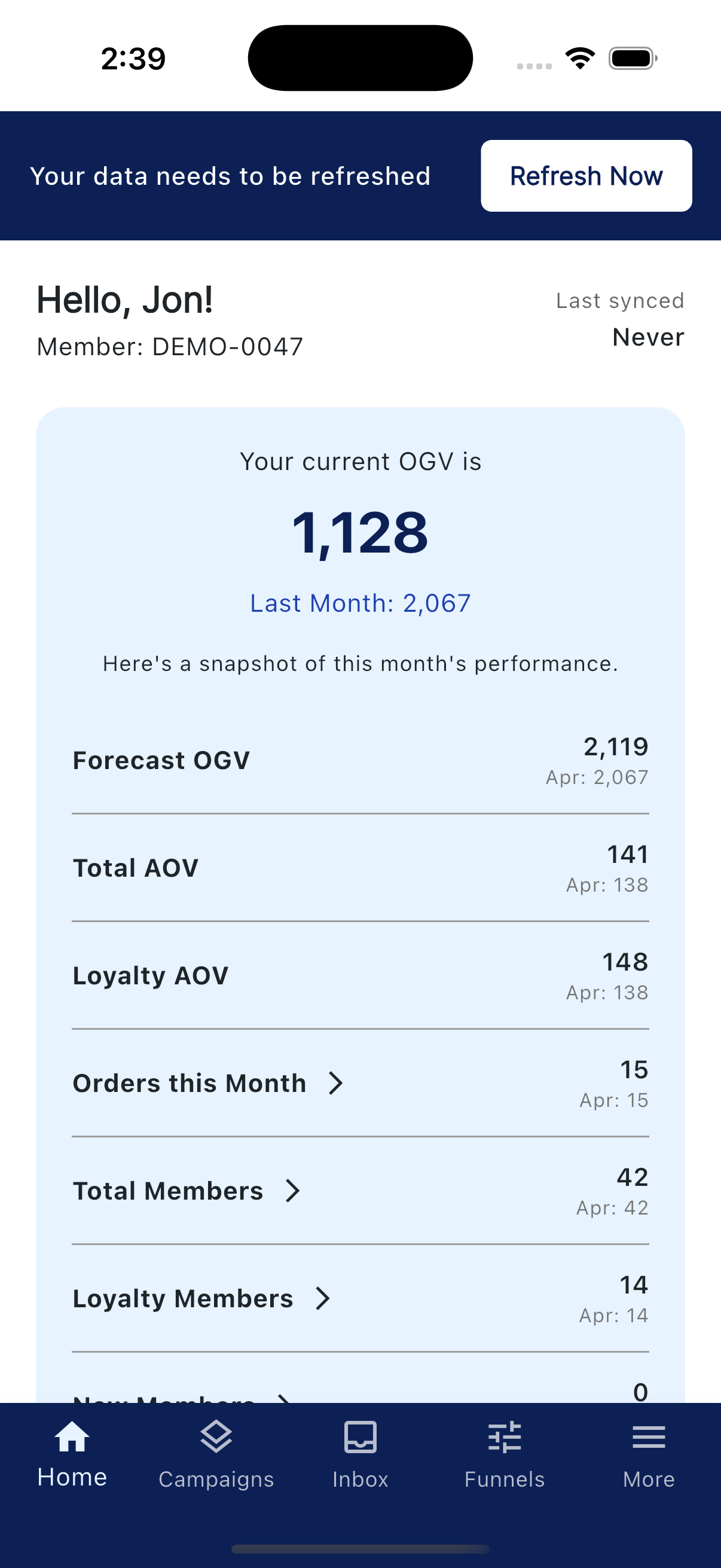 Home screen with quick stats, banners, and the bottom tab bar