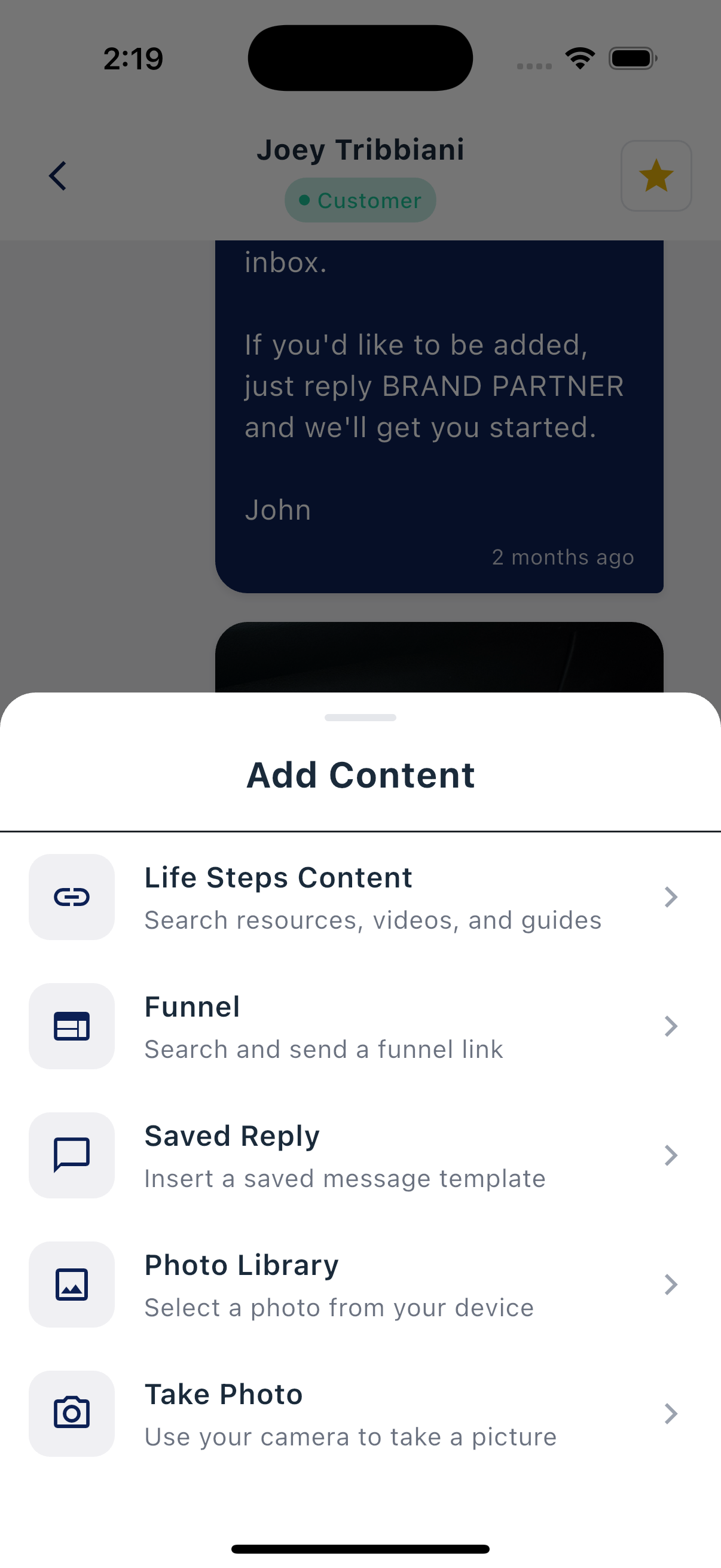 Add Content sheet with options for Life Steps Content, Funnel, Saved Reply, Photo Library, and Take Photo