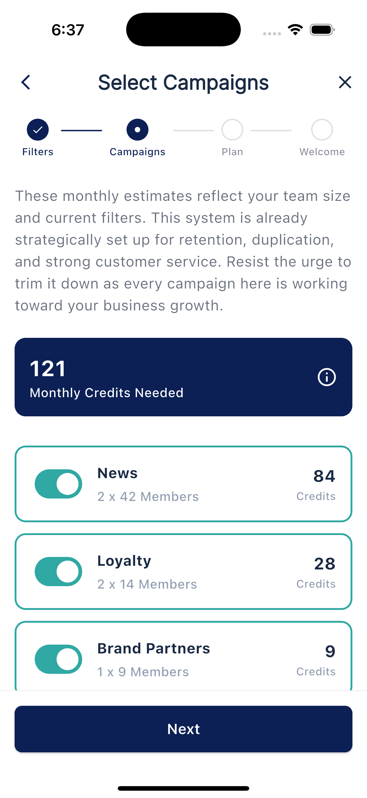 Select Campaigns screen from the post-registration setup
