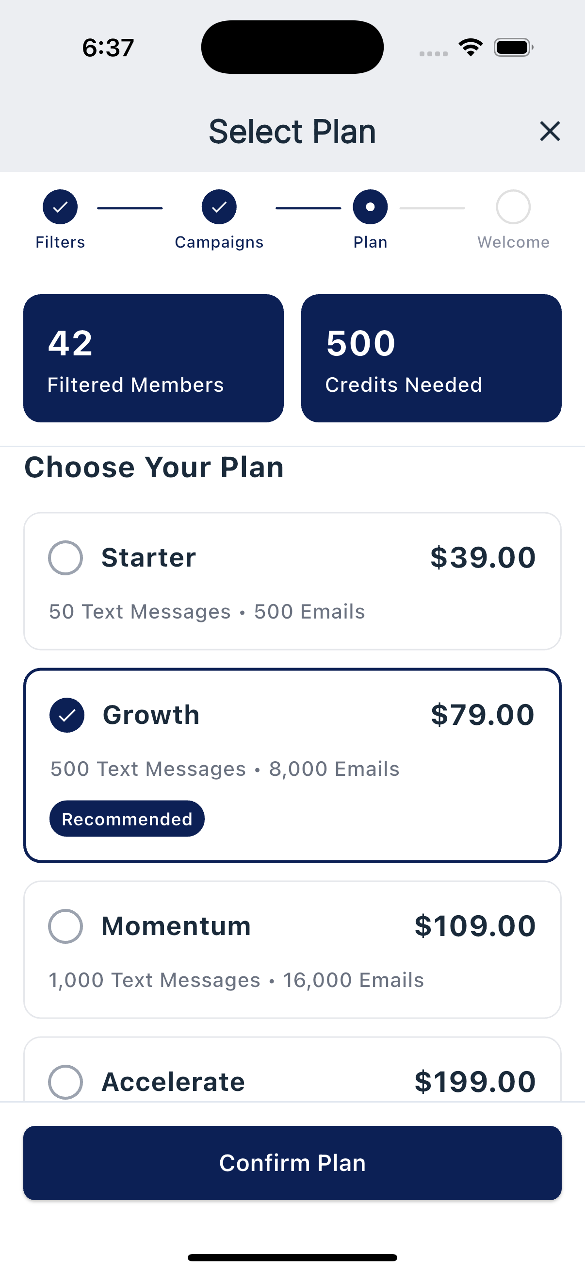 Full plan picker with monthly credit options