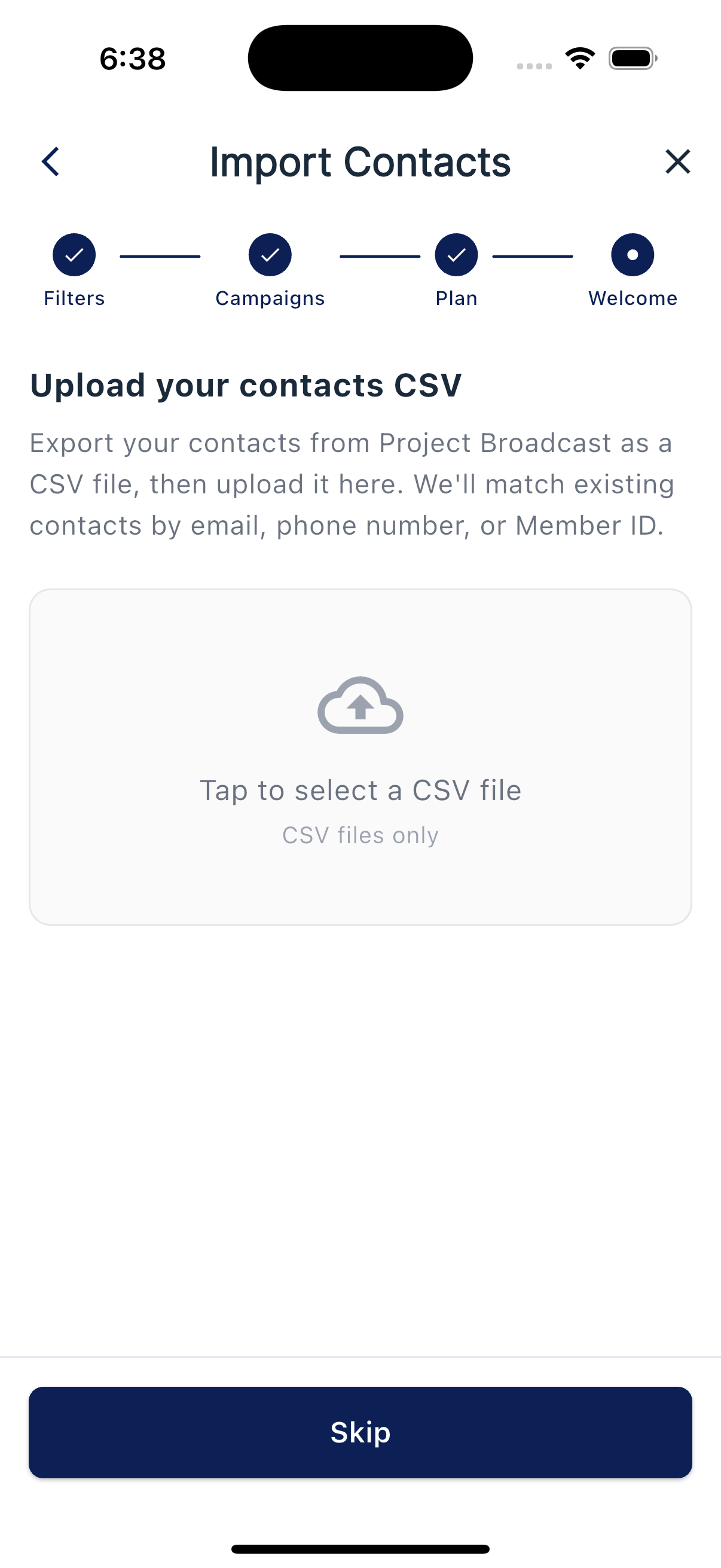 Upload your contacts CSV screen with a file picker