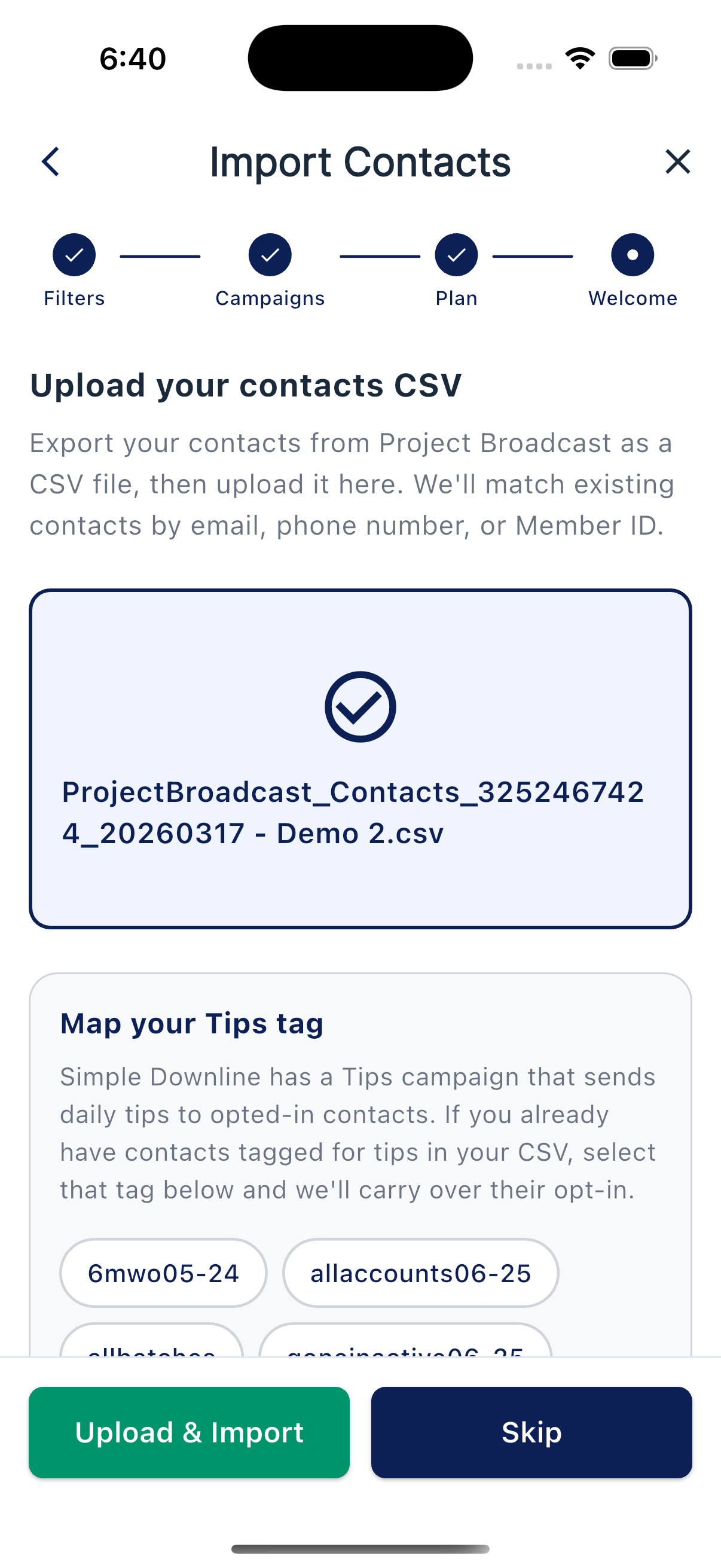 CSV import screen with a file selected and the Map your Tips tag section below