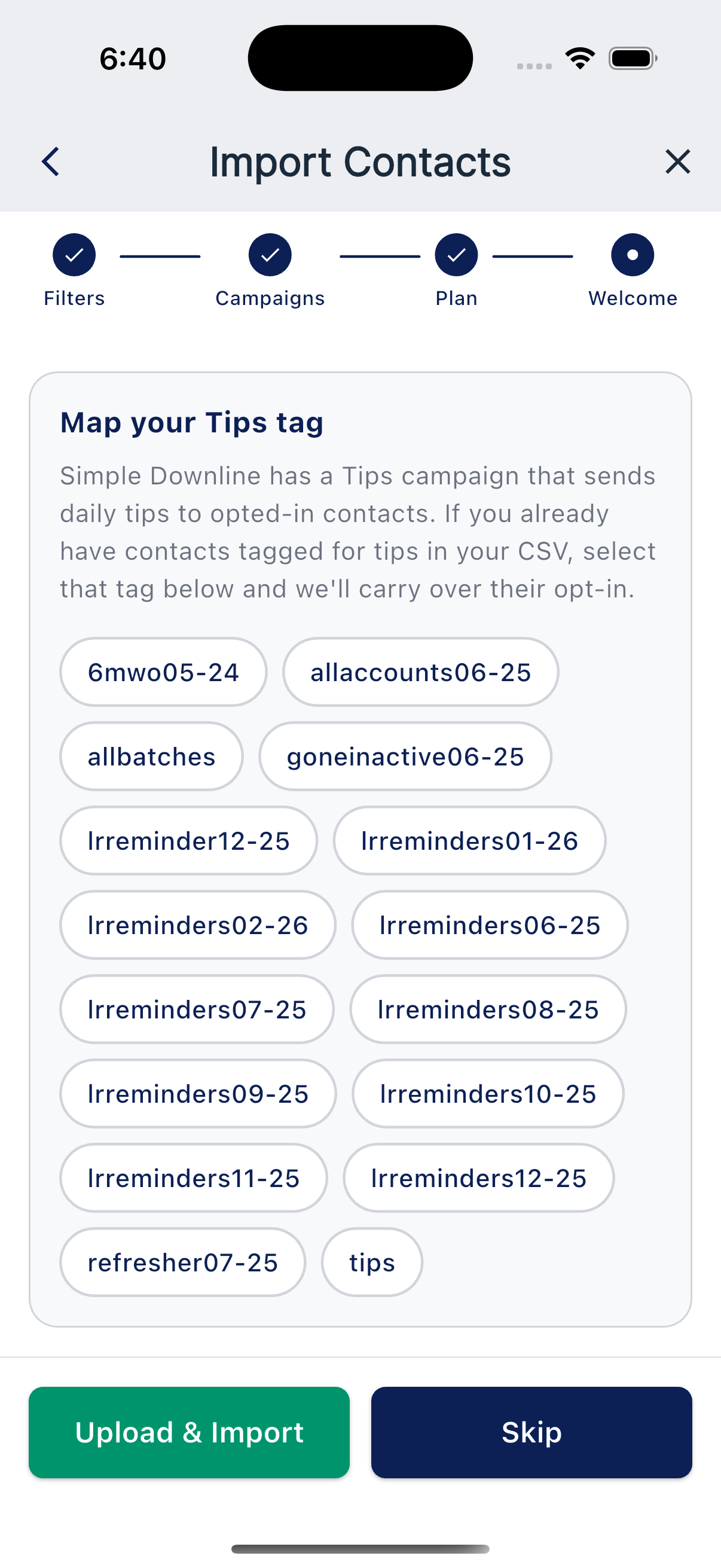 Map your Tips tag section showing tag options from the CSV