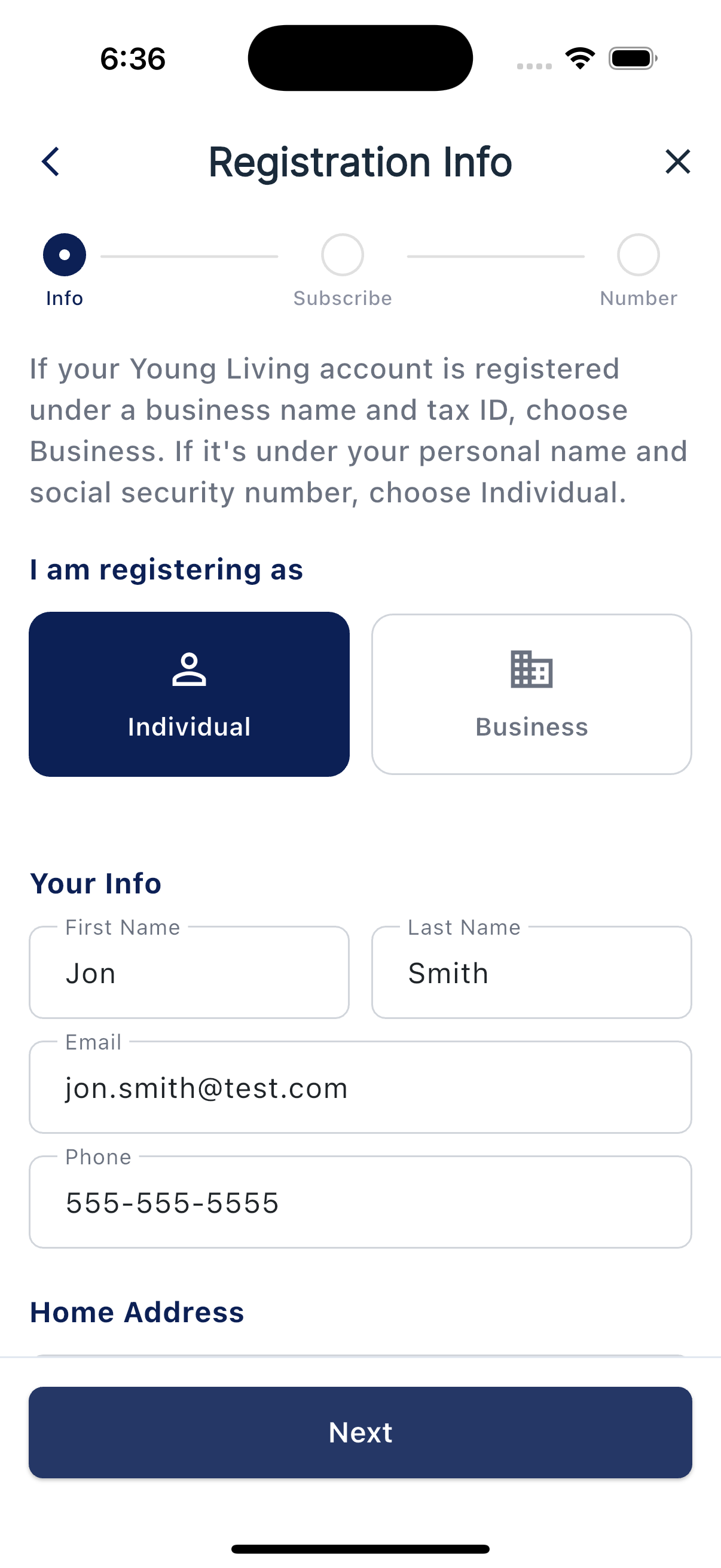 Registration / business info form, top of screen