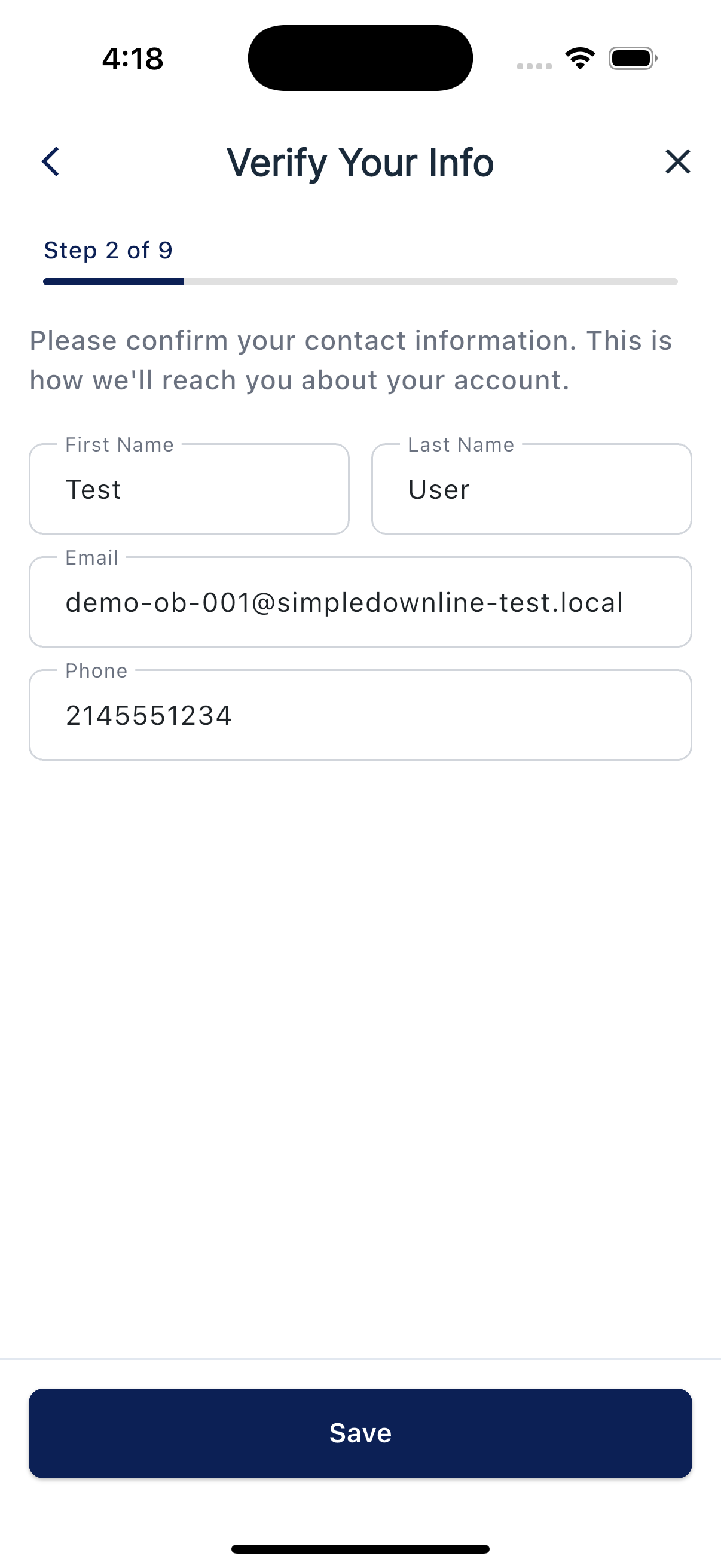 Confirm contact information screen with name, email, and phone fields
