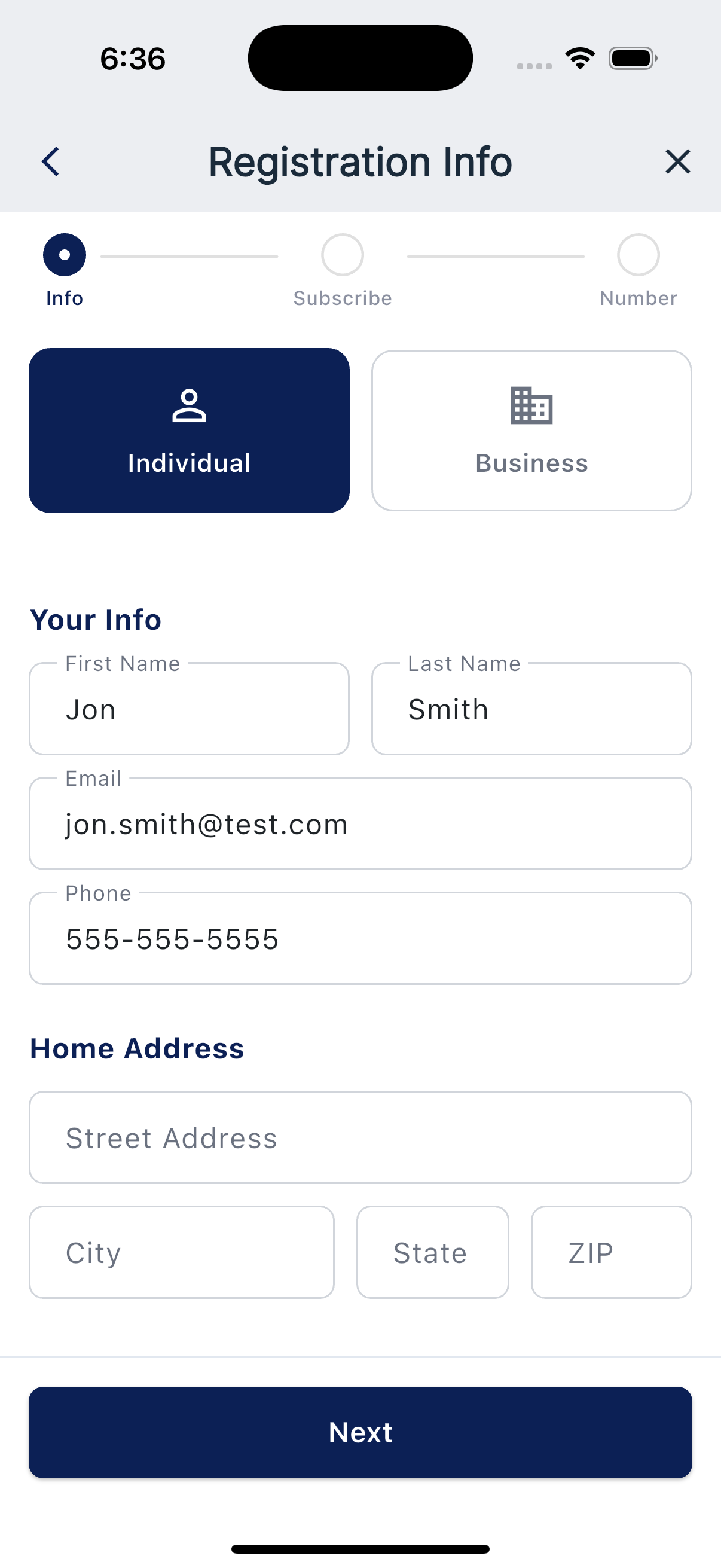 Registration / business info form, bottom of screen