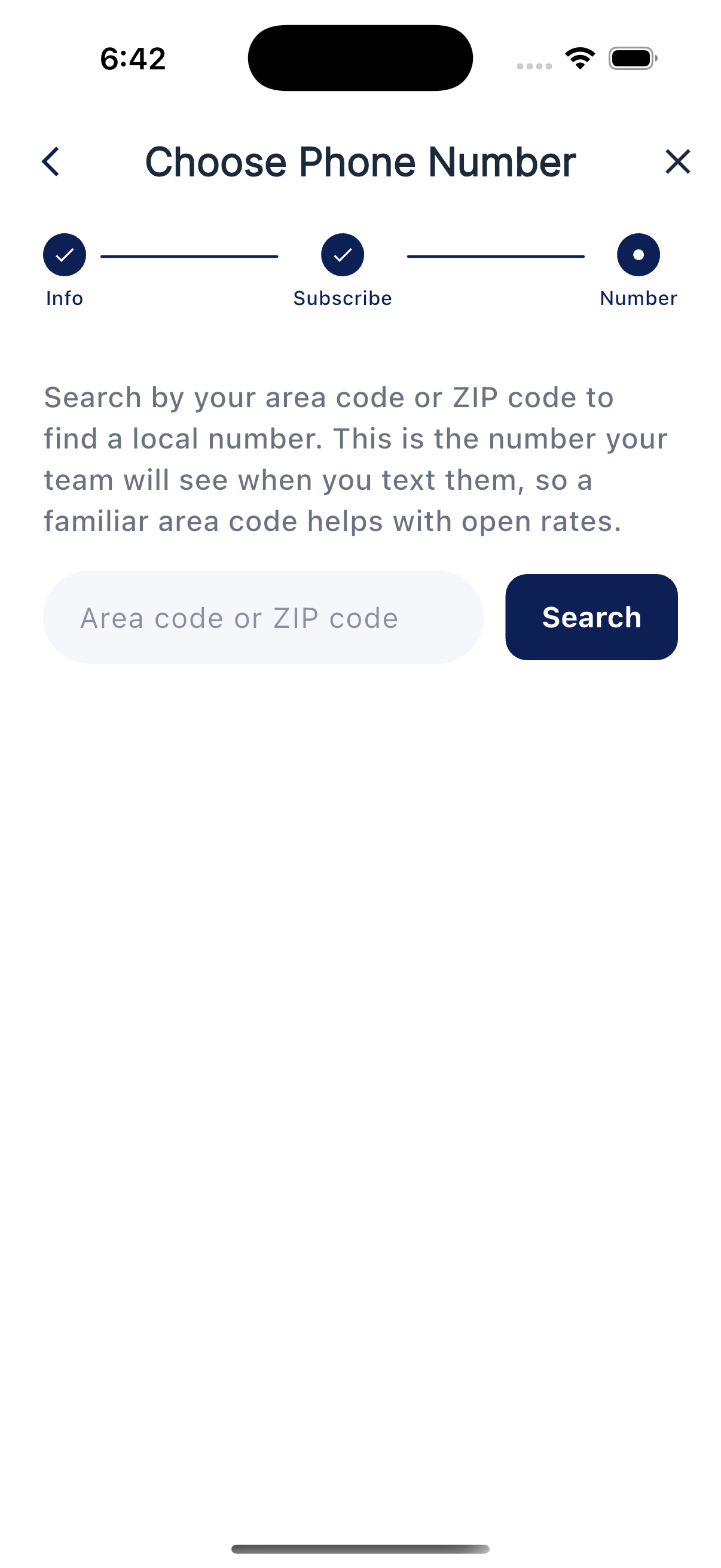 Choose Phone Number screen with area-code field