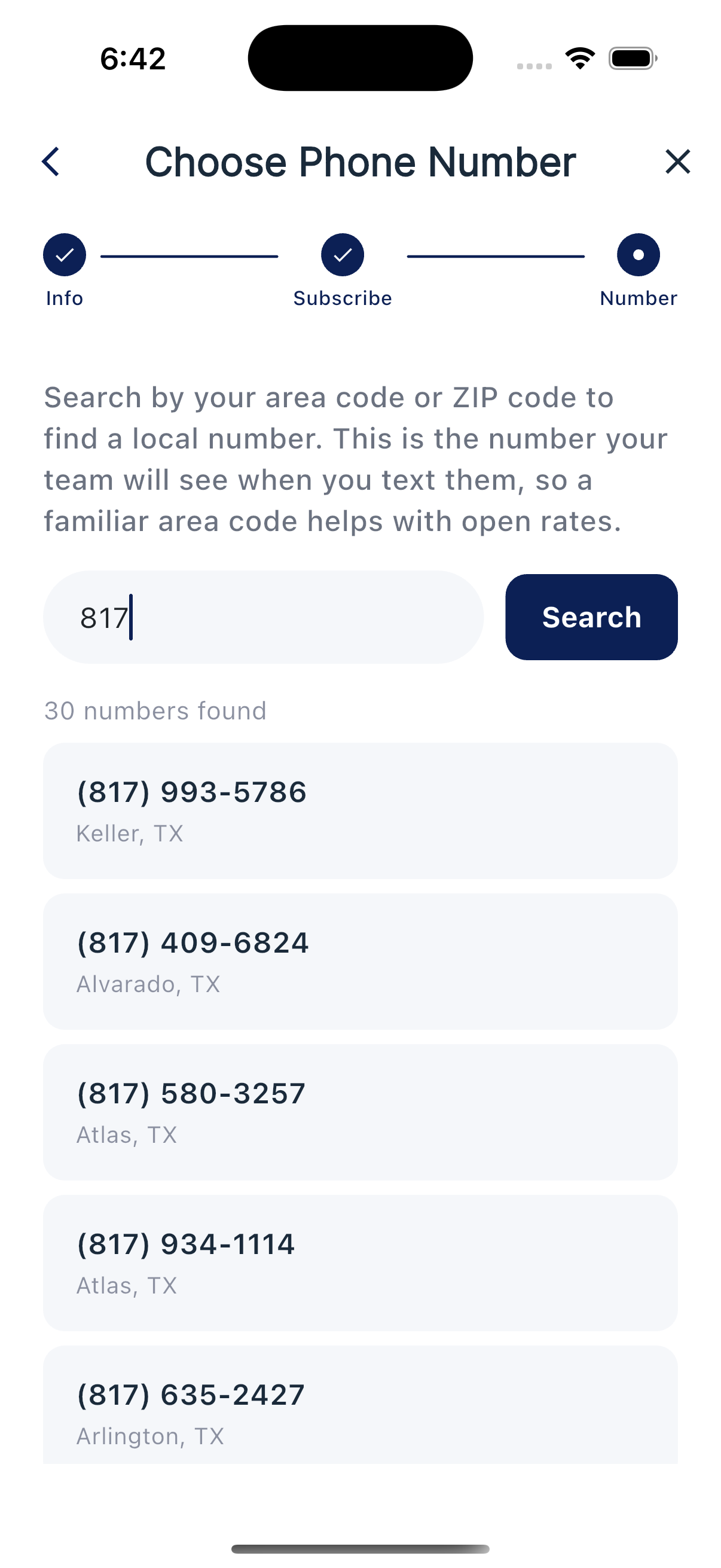 Phone number search results list
