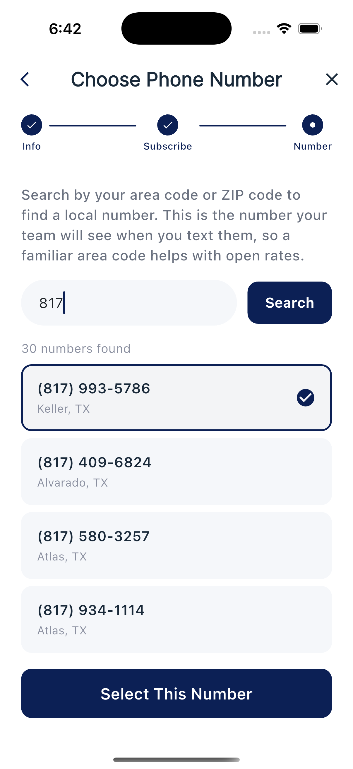 Phone number confirmation screen
