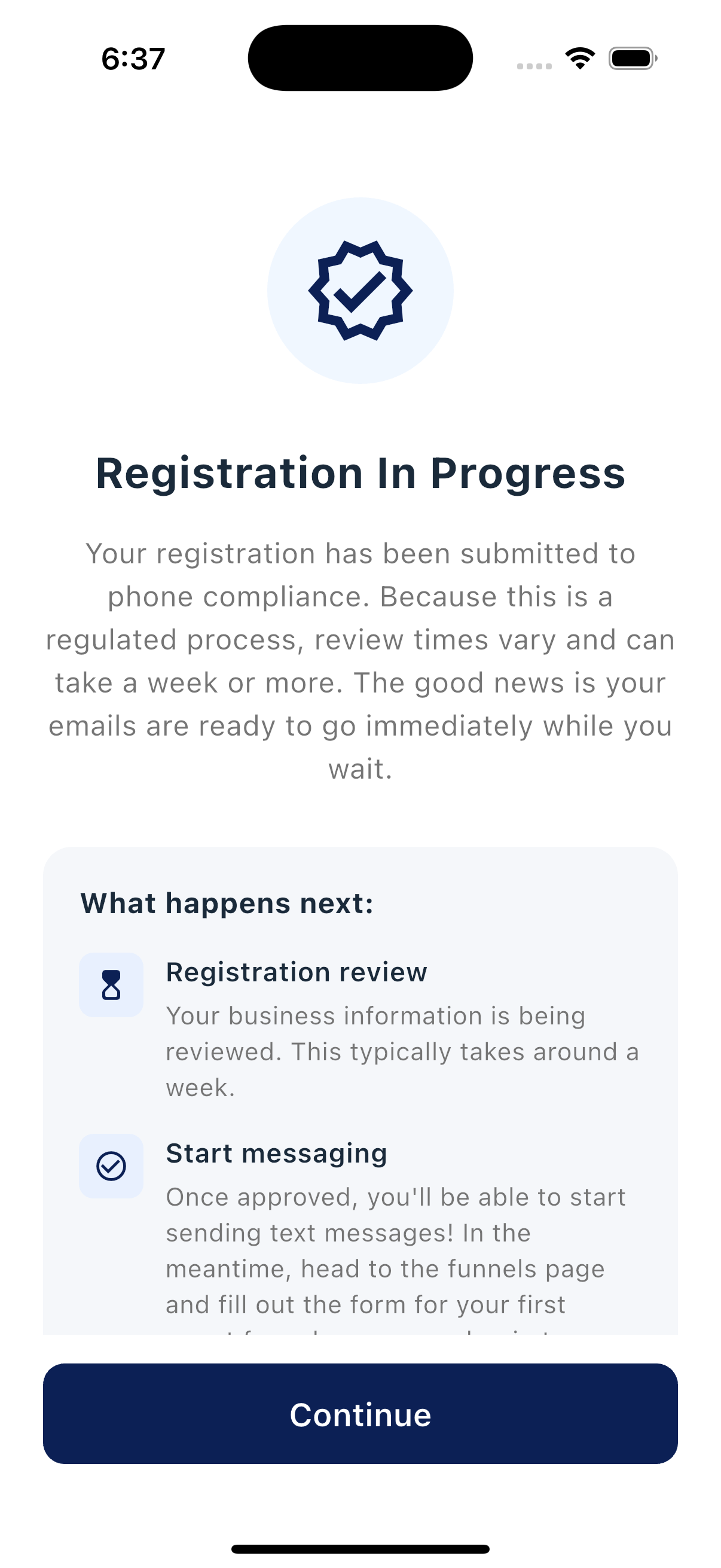 Registration status / waiting screen