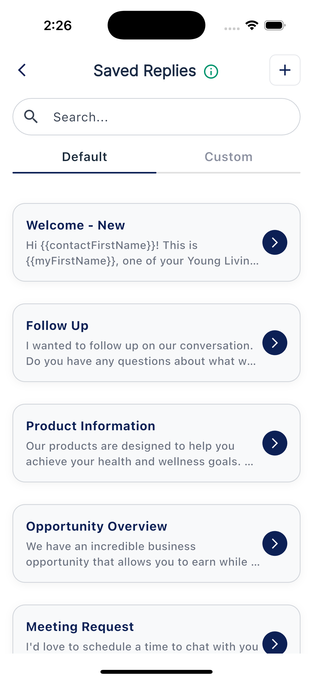 Saved replies list with categories